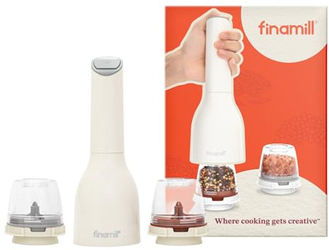 FinaMill Classic Battery Spice Mill – Battery Operated Salt and Pepper Grinder Set, Includes 2 Interchangeable Spice Pods, Adjustable Coarseness, Ceramic Grinder, LED Light, Home and Kitchen Gift Set