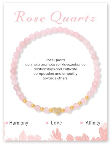 LOCCY Echtes Naturstein Armband, 4mm Perlenarmband mit Herz Anhänger Natursteinarmband Yoga Armband für Herren Damen für Geburtstag Valentinstag Weihnachten Geschenke (Rosenquarz)