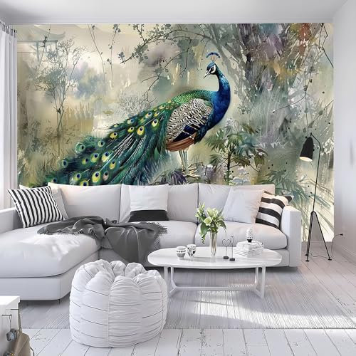 SIJIFACAI Wandbilder in individueller Größe – Reicher Pfau – selbstklebende abnehmbare Tapete zum Abziehen und Aufkleben für Wohnzimmer, große Fototapete