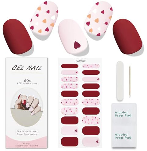 JMEOWIO Gel Nail Stickers Valentines Day Heart Red Pink Semi Cured Gel Nail Strips Wraps UV/LED Nails Art Design Decoration Accessories