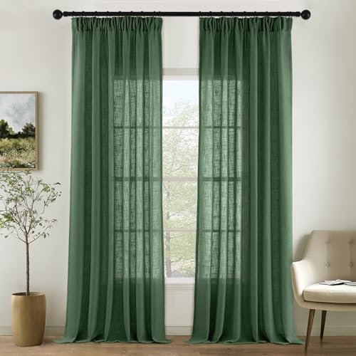 MIULEE Gardinen Vorhänge mit Kräuselband Schlaufenschal Voile Vorhang Modern Leinenoptik Halbtransparent für Wohnzimmer Schlafzimmer Schiebevorhang 2er Set Stores Dunkelgrün 245x140 cm