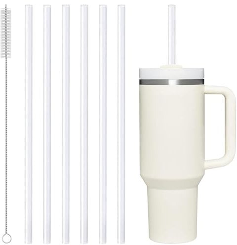 6 Stück Silikon Strohhalme für 40oz Stanley Adventure Reisebecher, 30.5cm Ersatz Trinkhalme mit 1 Reinigungsbürste, Wiederverwendbare Weiche Trinkhalme für Stanley Wasserkrug Quencher (Weiß)