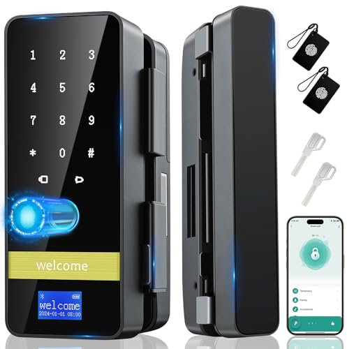 Smart Glass Door Lock - 8 in 1 Upgrade Keyless Entry Digital Door Lock - Biometric Glass Front Door Locks with Keypad - Electronic Fingerprint Glass Lock - Auto Lock for Glass Door,Office,Home,Hotel