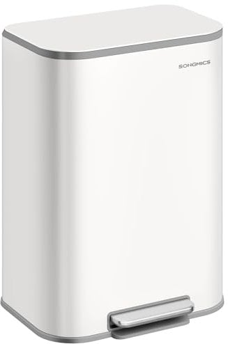 SONGMICS Kitchen Bin, 50 L Pedal Bin, Steel Trash Bin, Soft-Close Lid, Stays Open, Inner Bucket, Wide Non-Slip Pedal, Cloud White LTB547W01