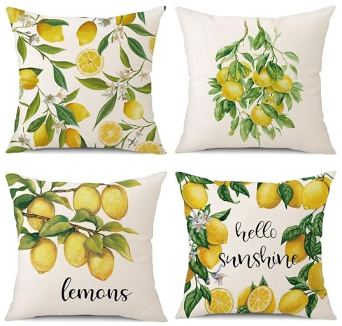 Kissenbezug 55x55 cm 4er Set Leinen Polyester Modern Dekokissen Kissenbezüge Groß Waschbar Textil Outdoor Kissenhülle Sofakissen für Sofa Schlafzimmer Bauernhaus Garten Bett Auto Gelbe Zitrone J5502