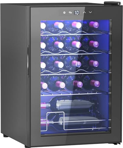 HOMCOM 53L Wine Cooler, 20 Bottles, 5-18℃ Freestanding Wine Fridge with Glass Door, LED Light, Temperature Control and Digital Touch Screen, Black