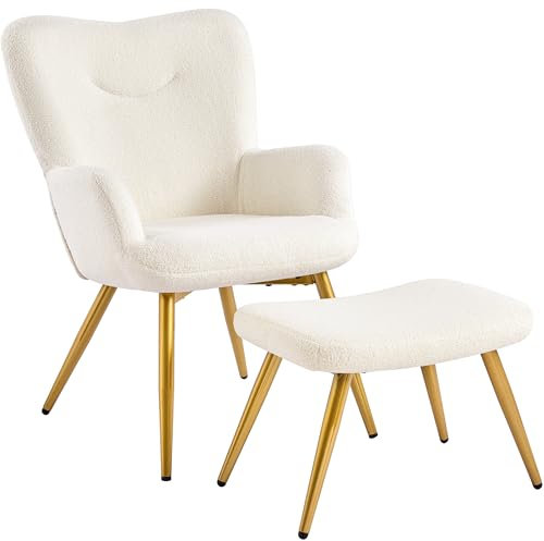 Abician Fauteuil de Salon Siège Confortable en Tissu Bouclé Repose-Pieds Pieds en Métal Dorés Fauteuil de Chambre Dossier Ergonomique pour Salon Chambre Bureau Ivoire