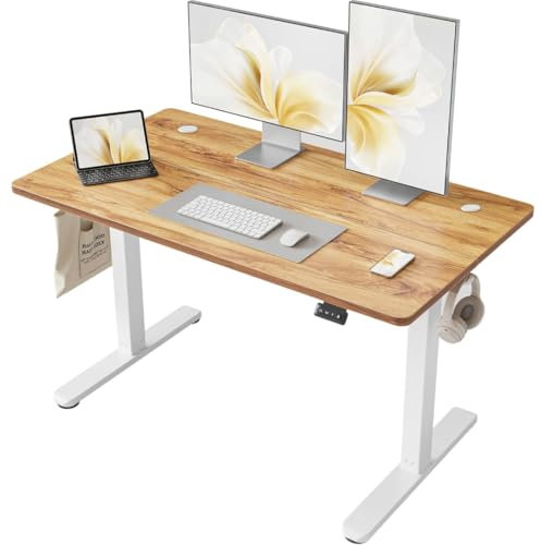 Cubiker 120 x 60cm Electric Height Adjustable Standing Desk, Home Office Desk with 4 Memory Smart Pannel, 4 Pieces Splice Board, Light Brown Table Top