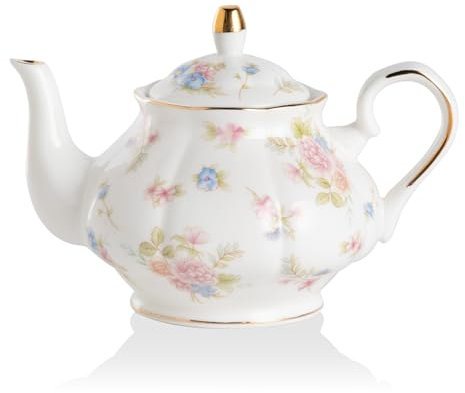 Sweejar Home Teiera in porcellana, teiera in ceramica vintage floreale con bordo dorato, teiera con foglie sfuse, caffettiera, per donne e amanti del tè, 800 ml, 3-4 tazze (fiore piccolo)