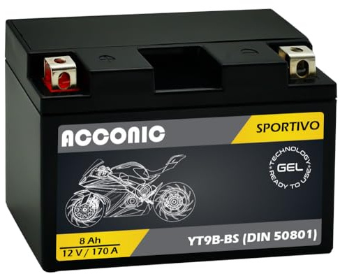 ACCONIC Sportivo GEL YT9B-BS Motorradbatterie 8 Ah 12V 170A DIN 50801 Maße: 150 x 70 x 105 mm ideal für Roller, Moped, Quad & Motorrad – wartungsfrei, & auslaufsicher