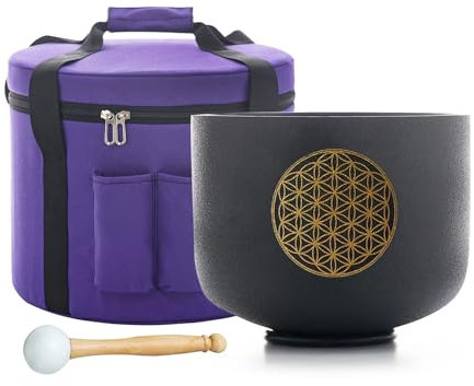 Hye-eun Crystal Singing Bowl, 528Hz C Note Black Quartz Singing Bowls with Flower of Life Design, Meditation Bowl, Chakra, Tuned Sound Healing, with Carry Bag