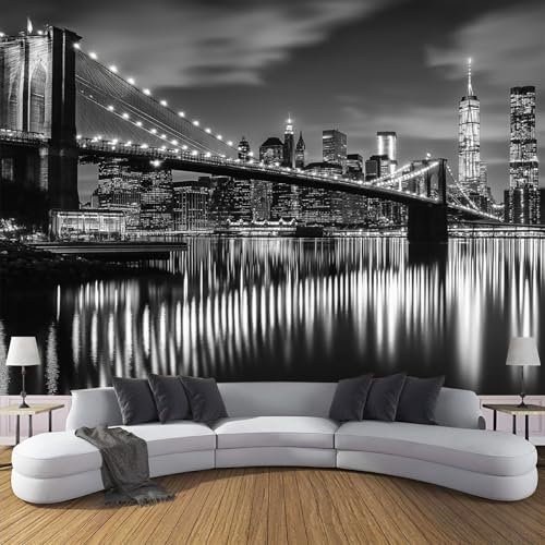 Papier Peint Tissu de Soie New York Ville Pont, 150x105cm (L×H) Peinture Murale 3D, Architecture Paysage Tapisserie Photo Gris foncé Tableaux Muraux, Salon Chambre Bureau Couloir Murale Décoration