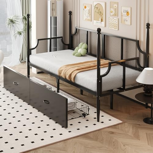 Eisen Schlafsofa 90x200 cm mit Netzrückenlehne Vintage Armlehnen Tagesbett mit Schubladen Daybett Metallrahmen Einzelbett für Erwachsene Jugendliche Gästebett Ohne Matratze Schwarz