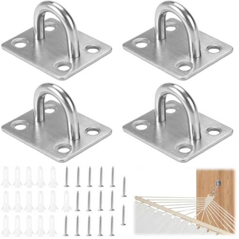 4 Pieces M6 Stainless Steel Oblong Pad Eye Plate, Heavy Duty Pad Eye Plate | Loop Suspension Ceiling Hooks, Marine Staple Hook with Screws and Plastic Plugs for Swing Hammock Boat Splint