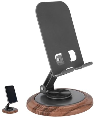 Penitue Wood Phone Holder, 360-Degree Wooden Rotating Adjustable Desk Mobile Phone Stand Desktop Telephone Mount Bracket for Office Kitchen Bathroom Accessories