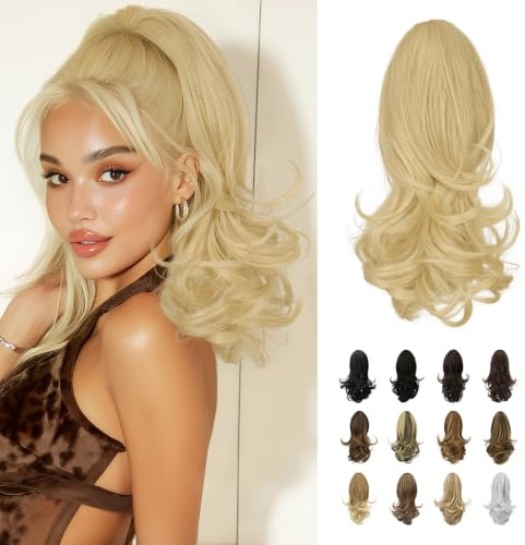 Sofeiyan Pferdeschwanz Haarteil,Haarteil mit Klammer,33 cm Zopf Extension | Langer lockiger Ponytail Extension,Synthetisches Pferdeschwanz-Extensions für Frauen,Hellgoldblond gemischt mit Platinblond