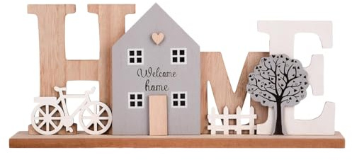 X-BLTU Tischdeko Holz, HOME Schriftzug Deko, für Neuzugezogene | Holzdeko mit Motiven wie Häusern, Fahrrädern, Bäumchen und Zäunen, Tischdekoration Herbst für Wohnzimmer, Fensterbank, Flur