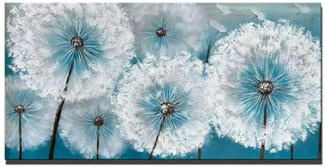 rtSee® Handgemaltes Pusteblumen-Leinwandbild 60 × 120 cm – Moderne Acryl-Wandkunst in Weiß & Türkis – Florales Naturbild – Fertig zum Aufhängen – Für Wohnzimmer, Schlafzimmer & Büro