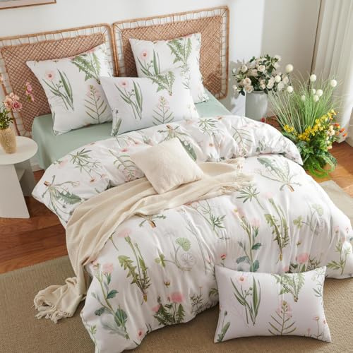 Tospass Housse de Couette 220x240 Fleurs Blanc Rose Vert Plantes Floral Parure de Lit 2 Personne Fille Adultes avec Fermeture Éclair Housse Couette en Microfibre avec 2 Taie d'oreiller 65x65cm