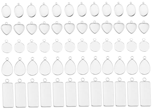 Aonuy 60 Pcs Stainless Steel Pendant Trays Kit, Silver Pendant Trays Kit | 5 Styles Round, Resin Jewellery Making Kit, Cabochons Flat Back Settings for Earring Pendants Jewellery Making DIY Crafts