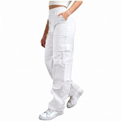 Pantalon cargo taille haute élastique avec cordon de serrage pour femme - Pantalon de combat baggy uni décontracté - Coupe ample Y2K - Pantalon de survêtement streetwear avec plusieurs poches pour un