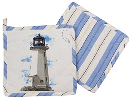 2er Set Maritime Topflappen mit Leuchtturm Motiv | Aus 100% Baumwolle, 20 cm x 20 cm | 1 Paar
