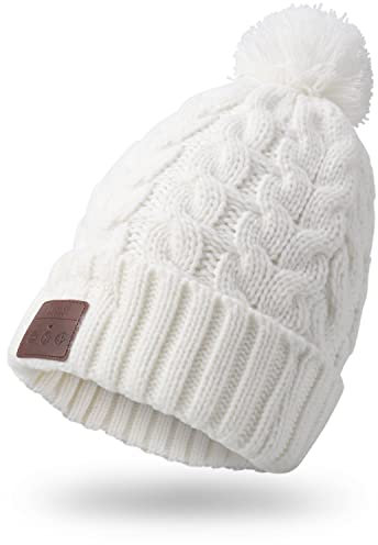 August EPA30 – Bluetooth Mütze mit Bommel – Winter Beanie mit Bluetooth Stereo Kopfhörer, Mikrofon, Freisprechen und integriertem Akku – für Damen, Herren, Kinder (Unisex, Einheitsgröße) - Farbe: Weiß