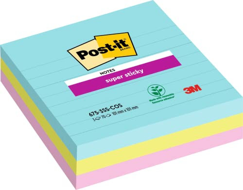 Post-it Super Sticky Large Notes, Cosmic Collection, Lined, 101 mm x 101 mm, 90 Sheets/Pad, 3 Pads - Self-Stick Notes for Note Taking, to Do Lists & Reminders