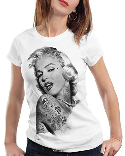style3 Marilyn Tattoo T-Shirt Damen Hollywood Star, Farbe:Weiß, Größe:XL