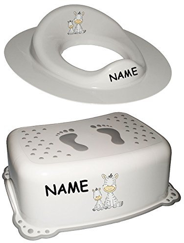 2 TLG. Set: Toilettensitz/Toilettenaufsatz/Sitzverkleinerer & Anti RUTSCH - Trittschemel/Tritthocker/Kindersitz - Zebra - weiß - incl. Namen - Kin..