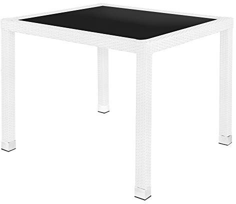 Ldk Garden Mesa de comedor ratán plástico y cristal templado para exterior 90x90x76 cm Blanco