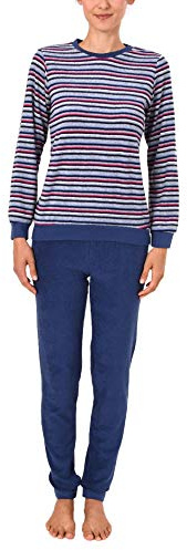 Damen Frottee Pyjama lang, Schlafanzug mit Bündchen und modischen Ringeln - 59892