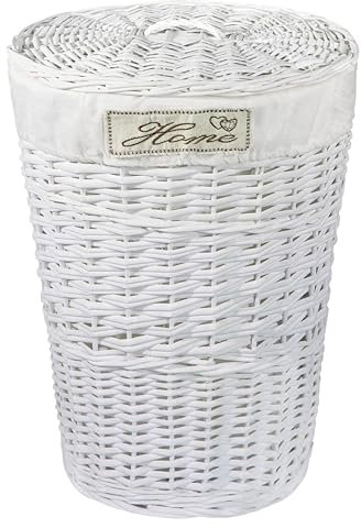 Wicker Oval Laundry Basket Bathroom Storage Laundry Bag Bin With Liner and Lid (White)