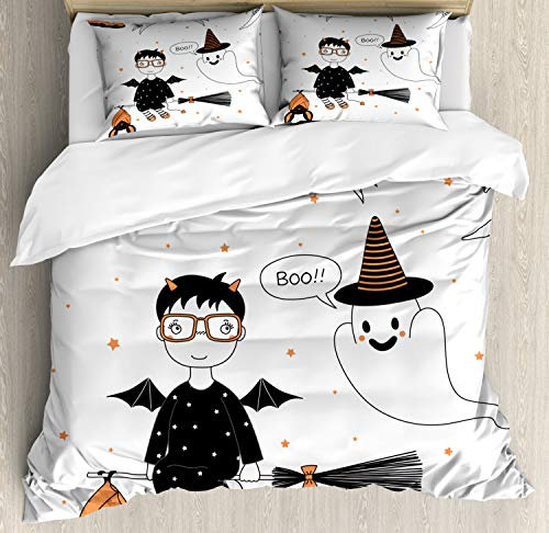 ABAKUHAUS Ghost Duvet Cover Set, Witch Flying on a Broomstick, Bedding Set 3 Pieces with 2 Pillow Shams, 200 x 200 cm - 70 x 50 cm, Orange Black and White
