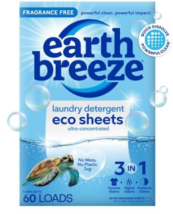 Earth Breeze Feuilles de détergent à lessive sans parfum – 60 brassées de savon écologique sans liquide – Idéal pour les voyages pour les cycles chauds et froids – Élimine les taches et les odeurs