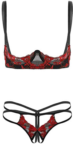 Kaerm Women's Sexy Lingerie Set See Through Lace 1/4 Cup Shelf Bra with Hollow Out Cheeky Panties Red M
