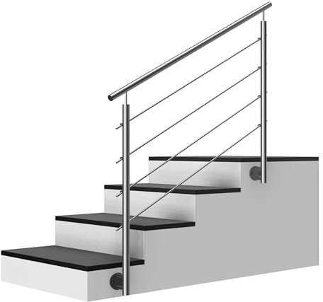 Edelstahl Treppengeländer Seitenmontage, 1,2m lang, 0,9m hoch, Außengeländer, je 2 Pfosten + 4 Querstreben + Handlauf mit Trägerplatten + Zubehör, Winkelverstellbar (L:1200mm H:900mm)