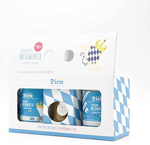 Geschenkset Weisswurst / (2x Weißwurst im Glas - 4 Stück + 1 Glas Süßer Senf a 120g) - Original Münchner Weisswurst – nach Uropa Johann Diems Rezept - langes MHD - 220G Abtropfgewicht, 400g Glas