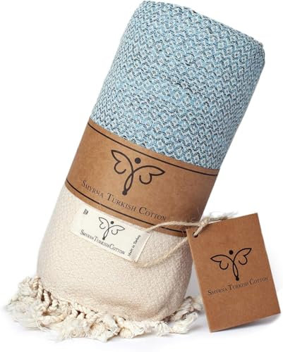 Smyrna türkische 100% Baumwolle Vintage Kuscheldecke | Beste Qualität | Große 152x205 cm Kuscheldecke | Hergestellt in der Türkei |Maschinenwaschbar | Premium Luxus Badetuch & Picknickdecke - Hellblau