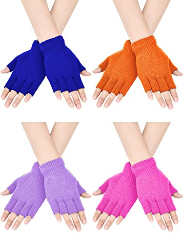Bememo 4 Pairs Fingerless Gloves Half Finger Mittens Winter Solid Color Typing Knitted Gloves for Boys and Girls(Sky Blue, Orange, Dark Pink, Snow Blue)
