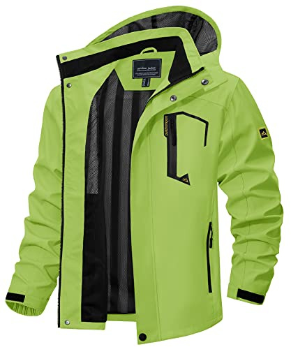 TACVASEN Giacca Softshell Uomo Antiacqua Giacca Outdoor Leggera Cappuccio Impermeabile Bici Cappuccio Outdoor Da Trekking Verde Neon, M