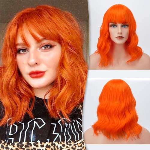Barsdar Kurze Bob Perücken mit Pony schulterlange Frauen kurze Perücke Lockige Gewellte Cosplay Perücke Perücke für Mädchen Kostüm Perücken Bunte Natürliche Gewellte Perücken Leuchtend Orange