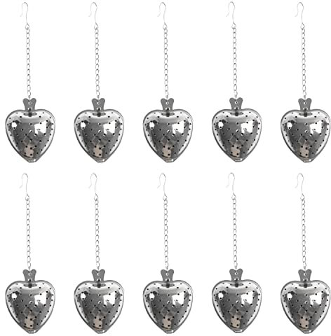 Verve Jelly 10 Pieces Tea Infuser Stainless Steel Heart-Shaped Tea Balls Mini Tea Strainers Filter with Chain and Hook for Loose Tea Herbal Spices Seasonings, 5.1 * 1.6in