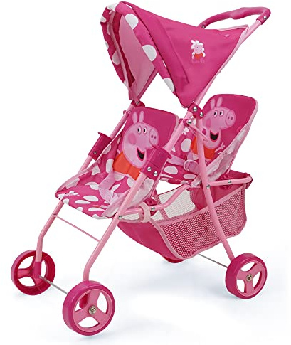 Peppa Pig: Doll Twin Stroller - Pink & White Dots - Fits Dolls Up to 24, Retractable Canopy, Easy to Fold for Storage & Travel, for Dolls Plushes & Stuffed Animals, Pretend Play for Kids Ages 3+