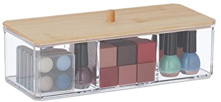 Relaxdays Organiseur Maquillage Couvercle Bambou, 3 Compartiments, Rangement Produits cosmétiques, Transparent - Nature