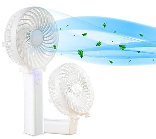 ASAB Handheld Fan Rechargeable Battery Portable USB Powered Adjustable 3 Speeds Easy to Hold Desk Pocket Fan with Foldable Design Travel Mini LED Torch Hand Fan for Kids and Adult Indoor Outdoor White