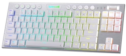 Redragon K621 Horus TKL Wireless RGB Mechanical Keyboard, 5.0 BT/2.4 Ghz/Wired Three Modes 80% Ultra-Thin Low Profile Bluetooth Keyboard w/Dedicated Media Control & Clicky Blue Switches, White