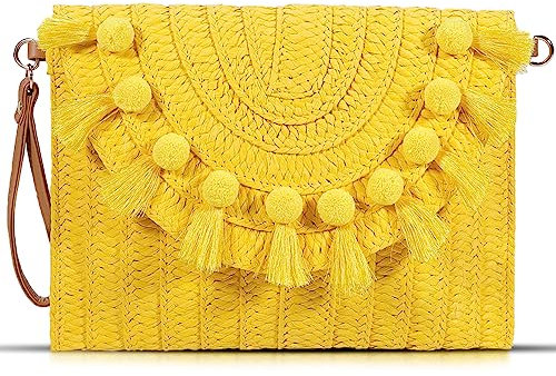 QTKJ Straw Crossbody Bag for Women, Clutch Purses, Bohemian Handmade Woven Handbags, Tassels Summer Beach Bag, Envelope Wallet (Yellow), Yellow