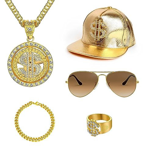GIGIIS Zuhälter Kostüm 80er 90er Jahre Outfit Herren Accessoires Hip Hop Rapper Kostüm Dollar Kette Goldkette Herren Sonnenbrille Auffällige Ringe für Fasching Verkleiden Zum Spaß