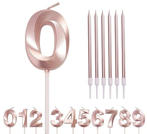 Rose Gold Birthday Candle Number 0, Age 1234567890, Long Candles for Cake Topper Decorations, Rose Pink